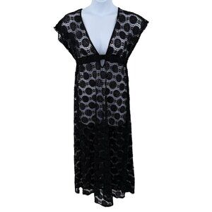 BOHO BLACK CROCHET LONG MAXI COVER-UP SWIM BEACH DRESS DEEP V-NECK CAP SLEEVES